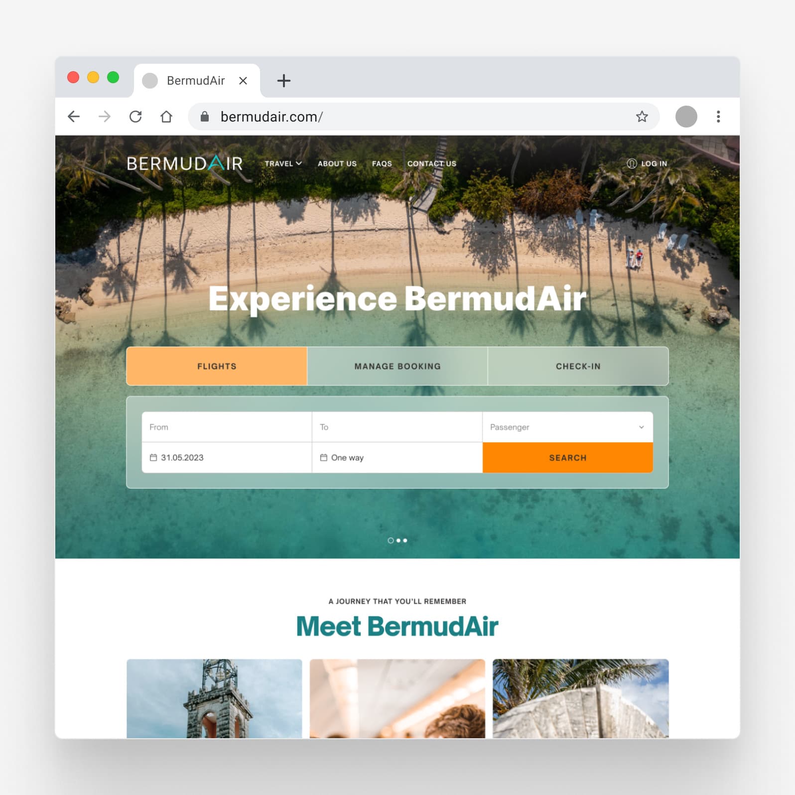 BermudAir marketing landing page showing hero section with destination photography, navigation, and flight search entry point
