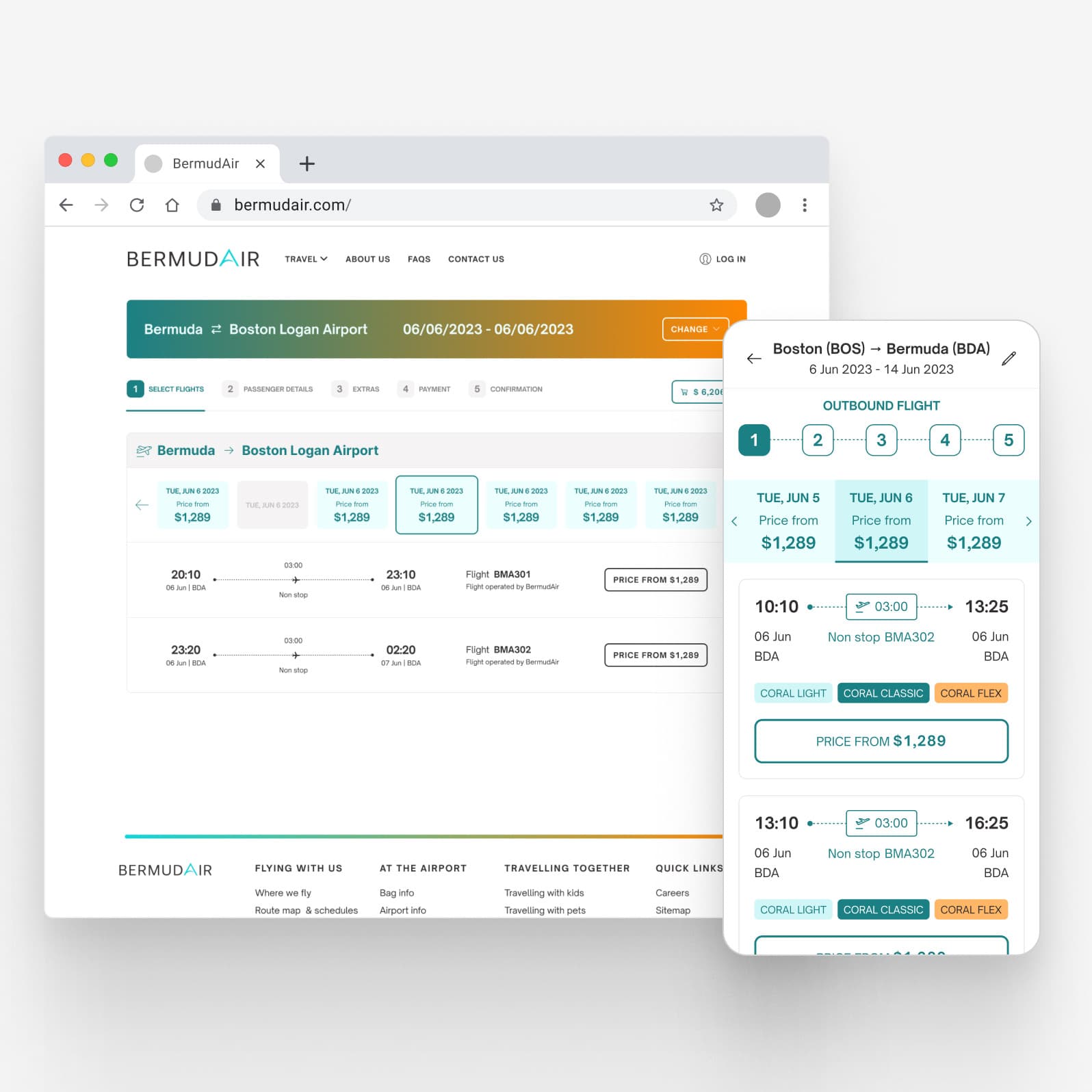 BermudAir booking funnel showing flight results or fare options step with flight cards, pricing, and fare tier selection
