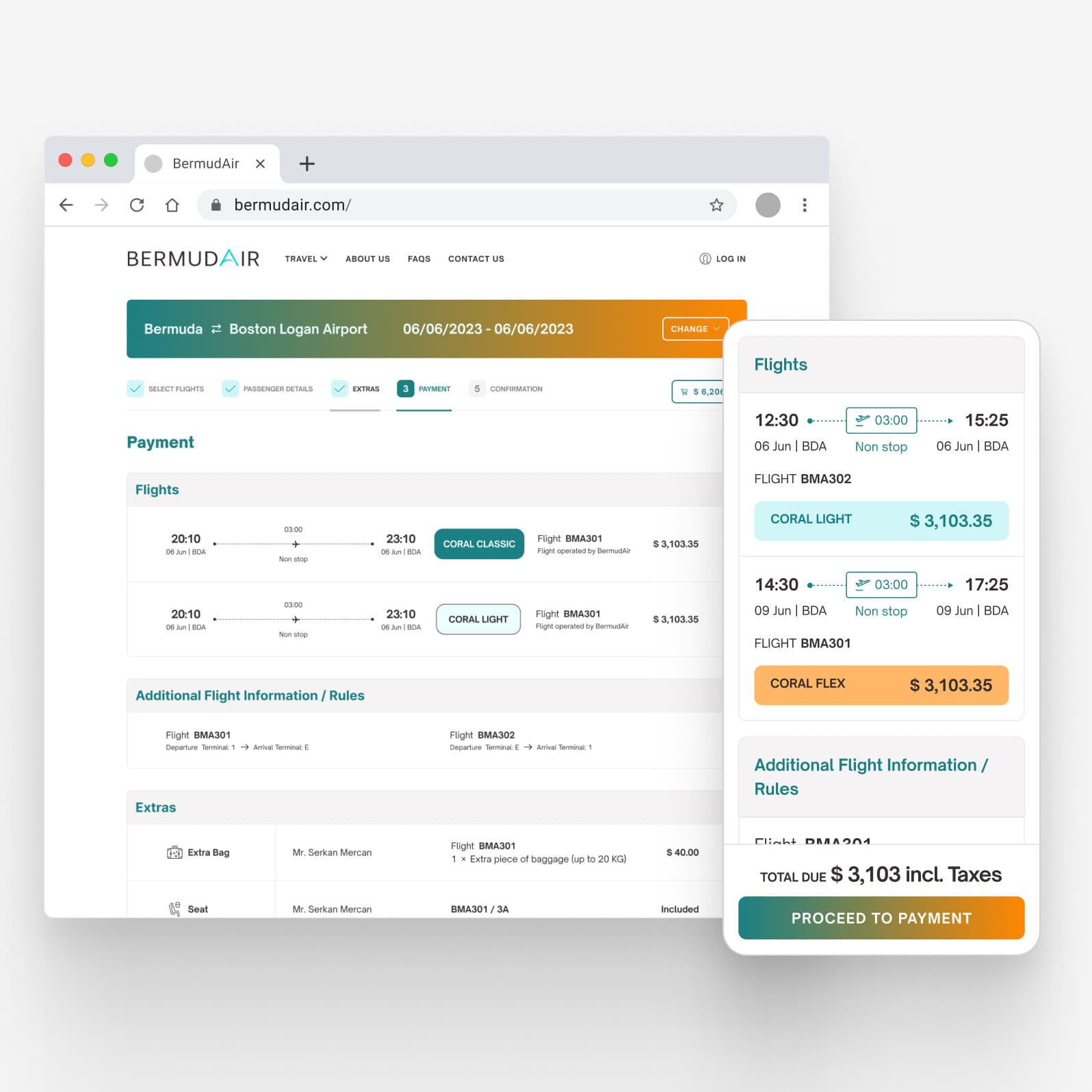 BermudAir checkout screen showing payment summary with Standard and Founders Club membership payment options