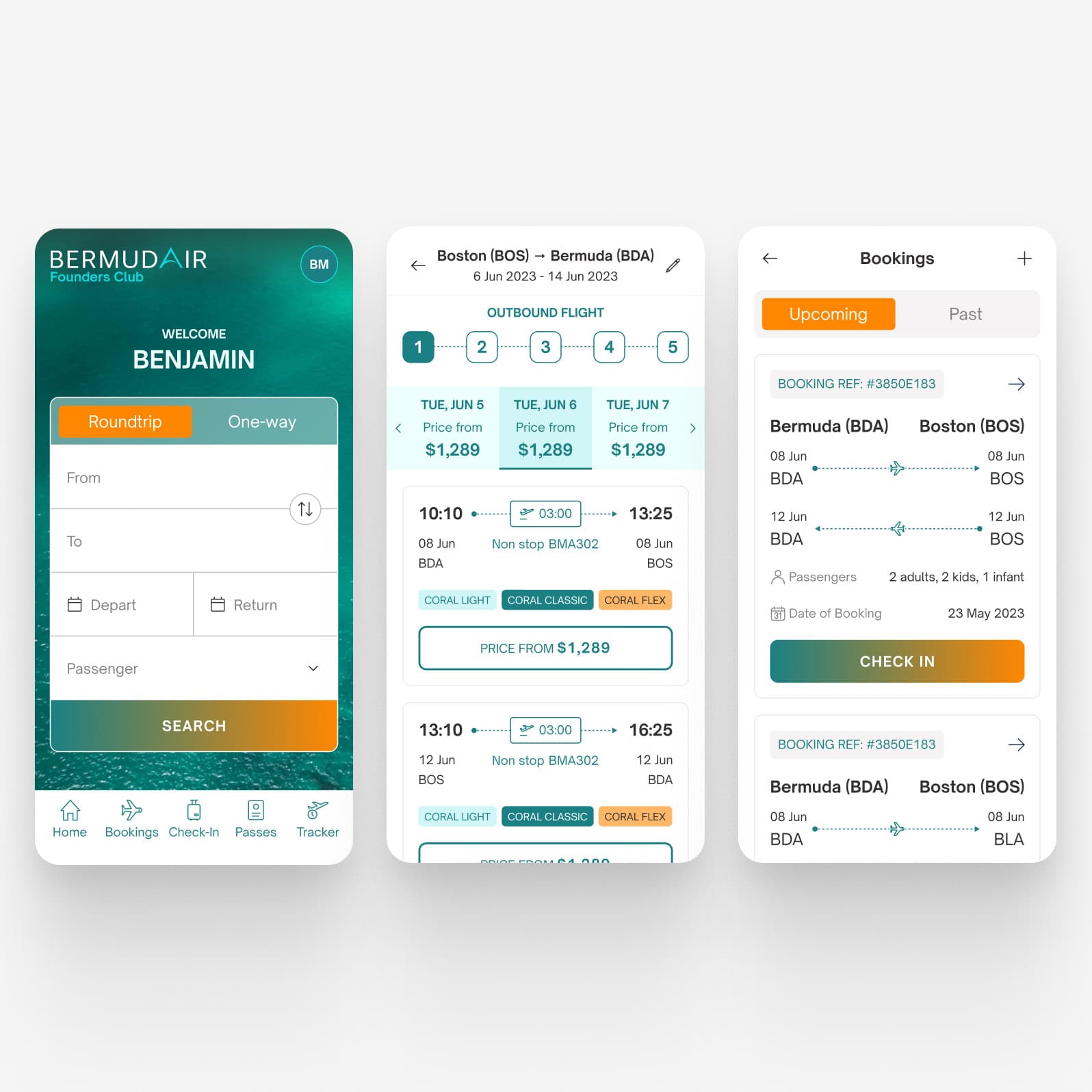 BermudAir mobile app booking flow showing flight search, results, and fare selection on iOS