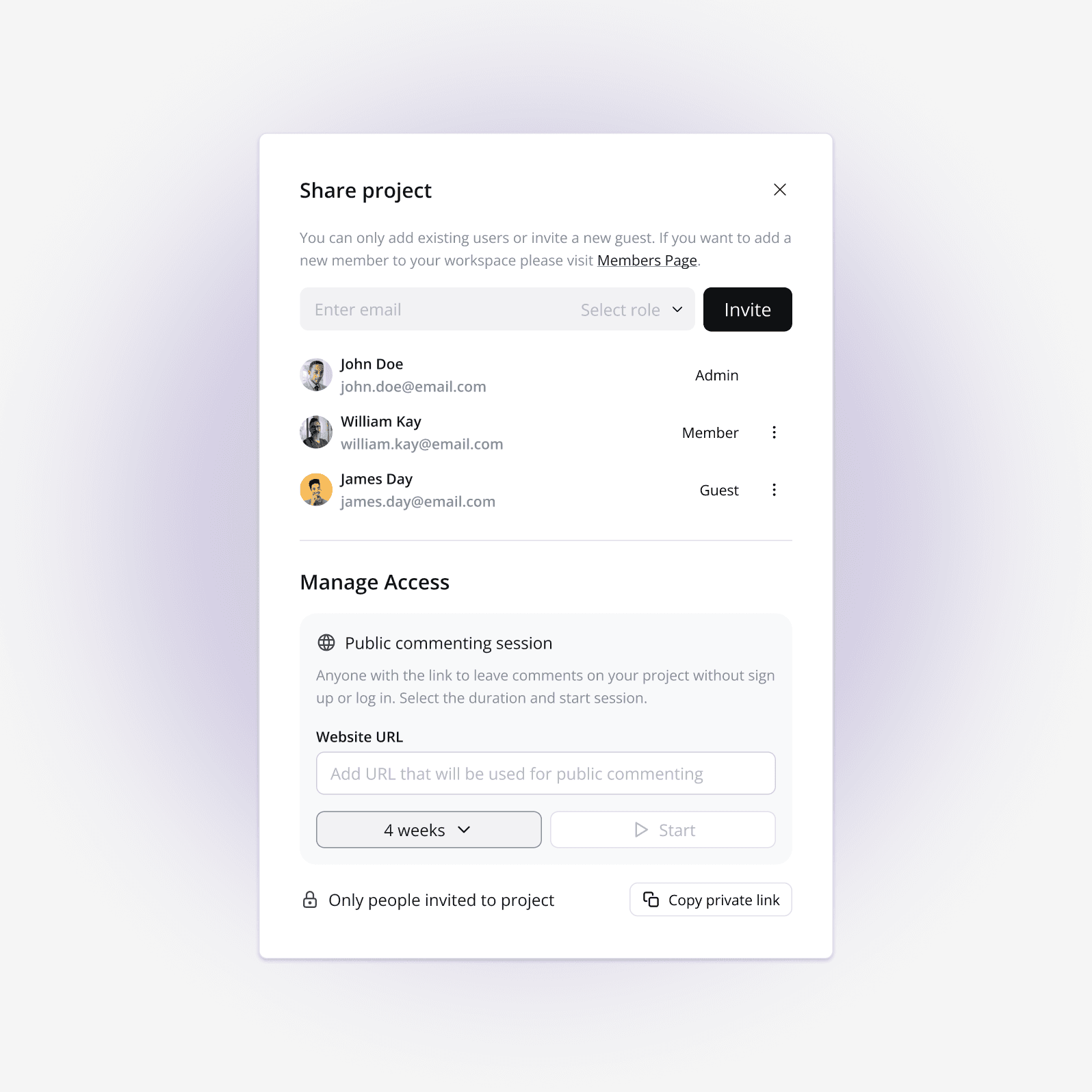 Modal UI where a project owner initiates public commenting and receives a shareable link