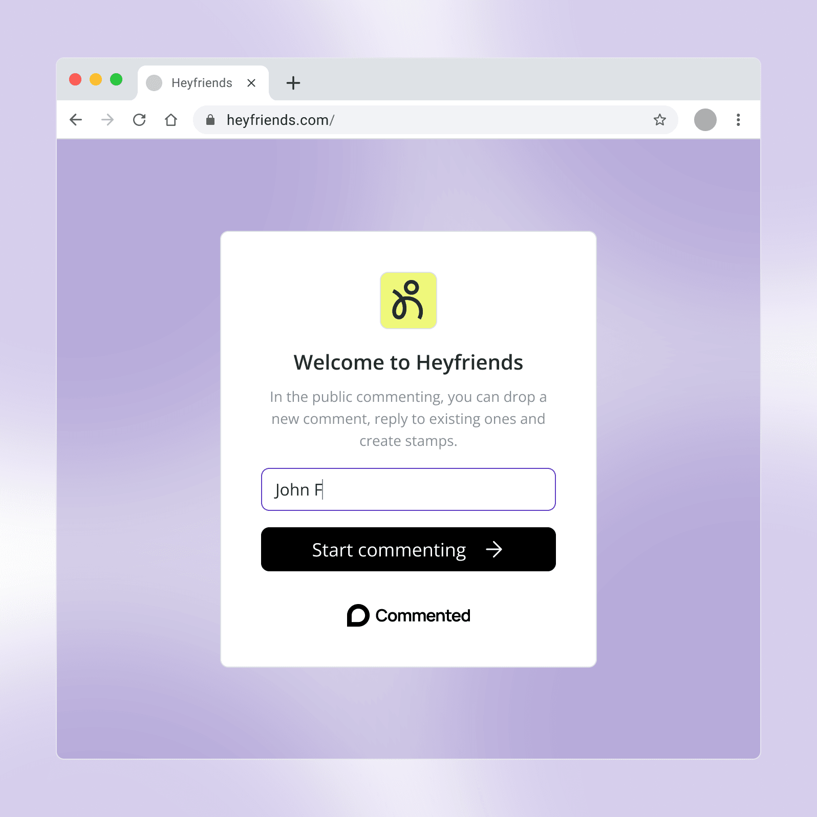 Username entry screen shown to account-less reviewers before they can start commenting
