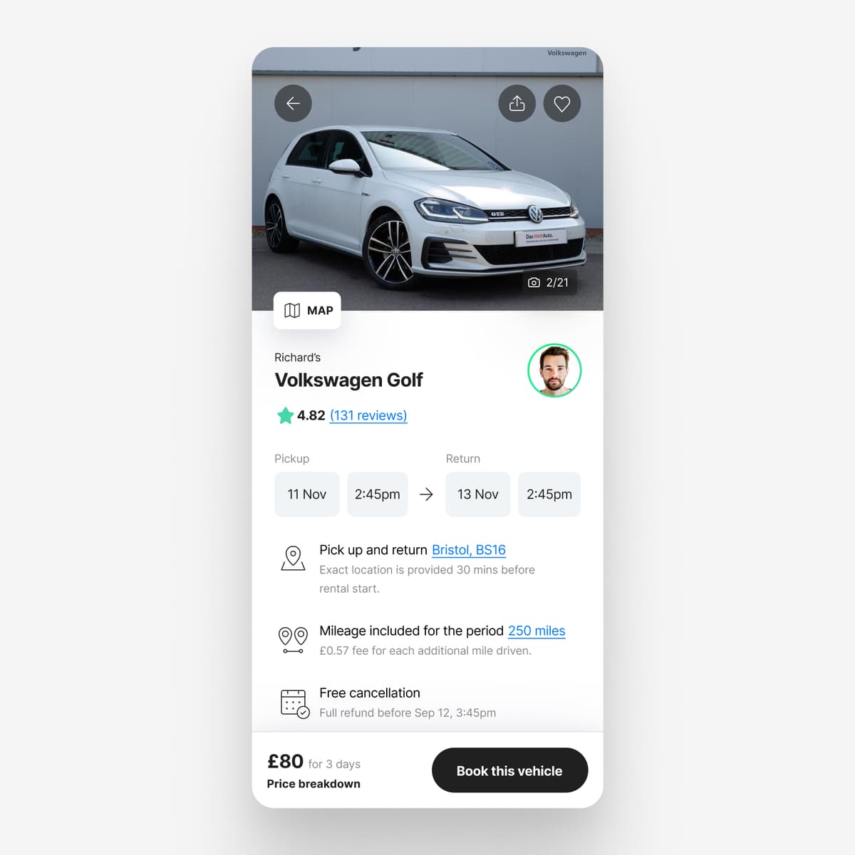 Redesigned vehicle detail screen with cancellation policy, mileage allowance, and exact pickup location surfaced above the booking CTA