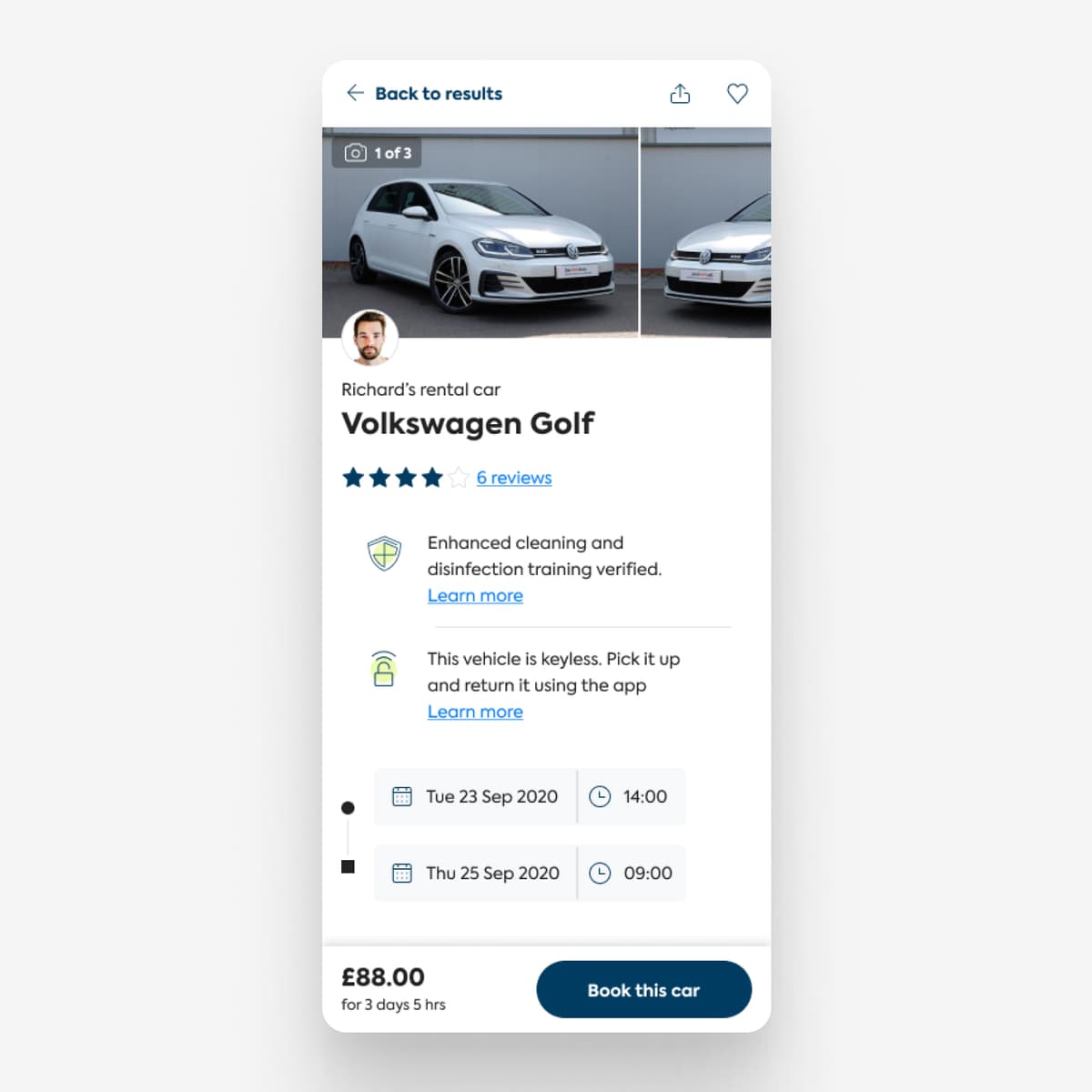 Original vehicle detail screen showing owner photo, star rating, keyless and cleaning badges, a timeline date picker, and a Book this car CTA