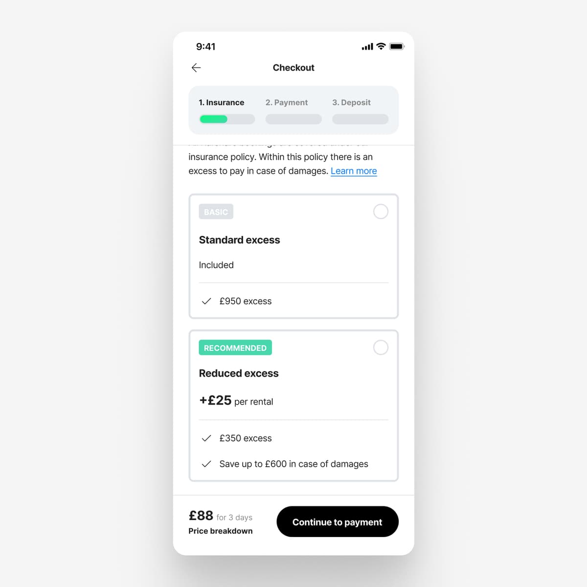 Redesigned insurance selection with a checkout progress bar, card-based Basic and Recommended tiers, explicit excess amounts, and savings framing