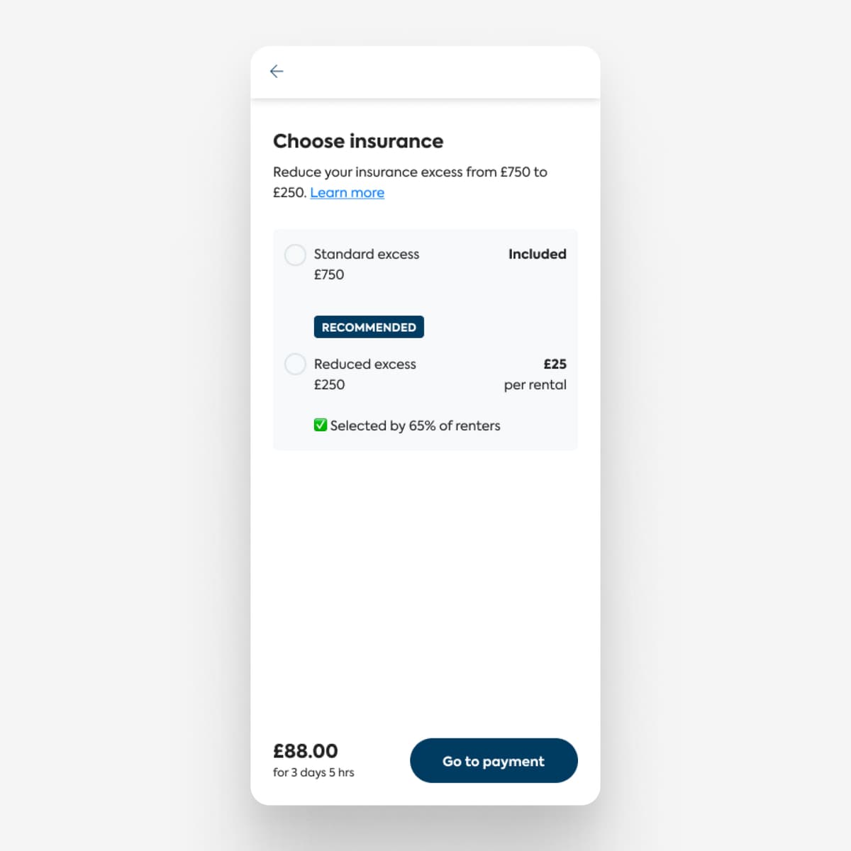 Original insurance selection screen with two flat options, a social proof badge, and a Go to payment CTA