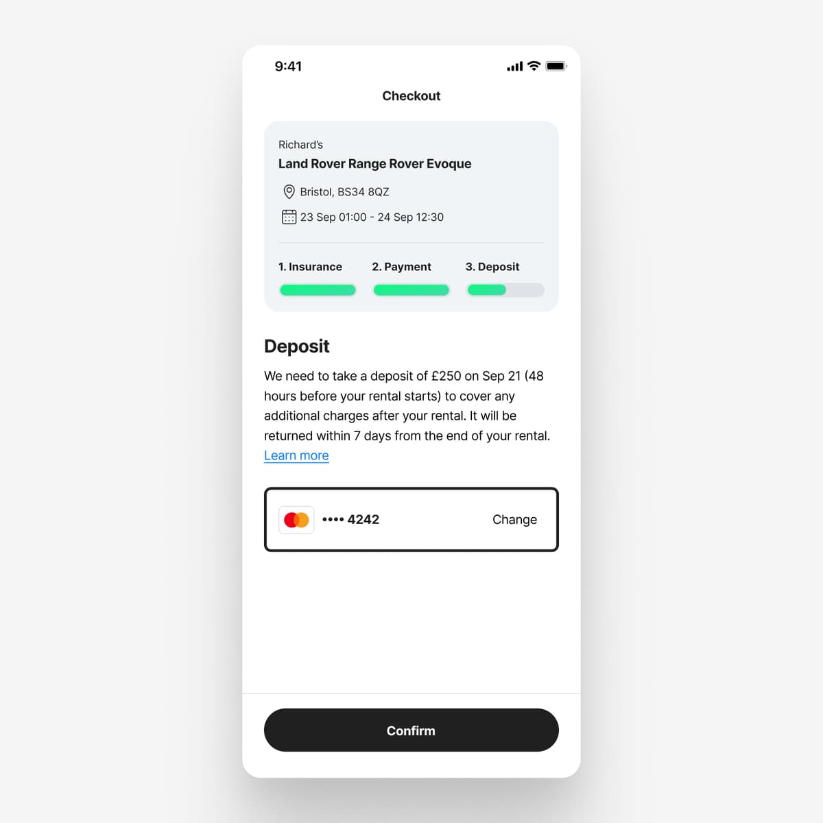 Redesigned deposit step showing vehicle summary, specific deposit date, amount, seven-day return policy, and a Confirm CTA