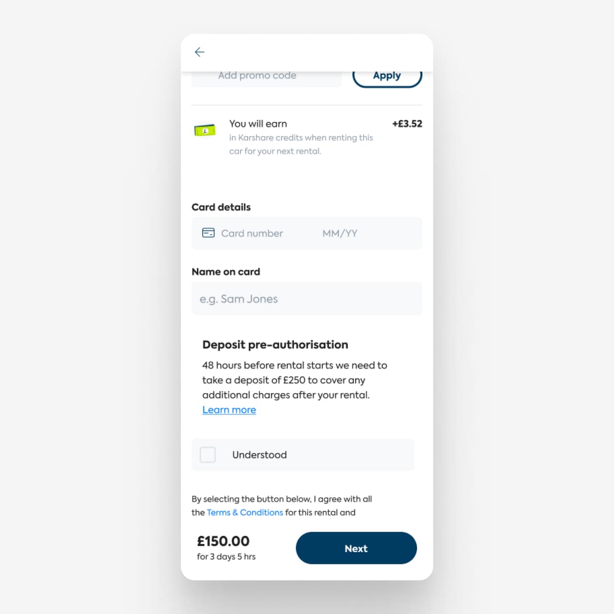 Original payment screen with promo code, credits, card form, and deposit disclosure buried mid-page with an Understood checkbox