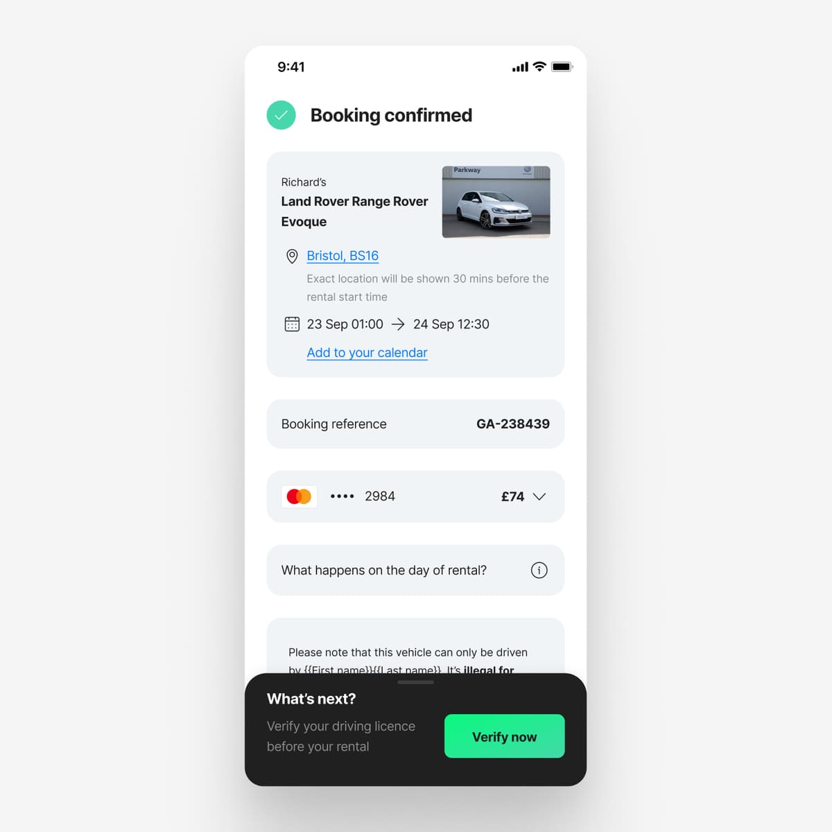 Redesigned booking confirmation screen with green checkmark, next steps, calendar add, and a Verify your driving licence CTA