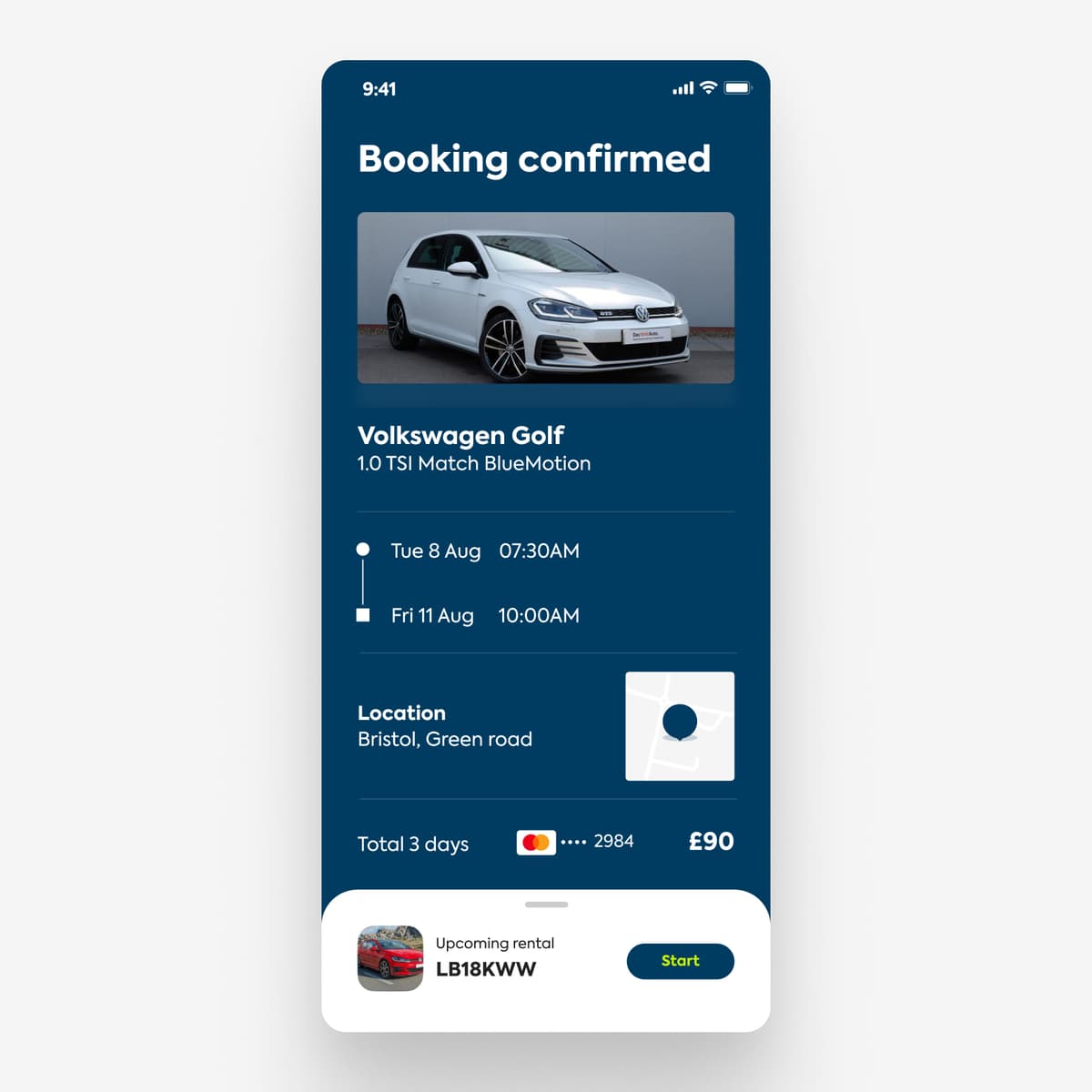 Original booking confirmation screen with dark blue background, vehicle and booking details, and an Upcoming rental bottom sheet