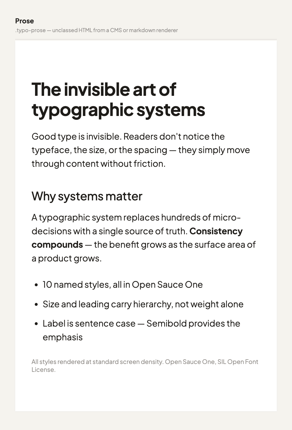 The typo-prose scope styling bare HTML headings, paragraphs, lists, and a blockquote with no per-element classes