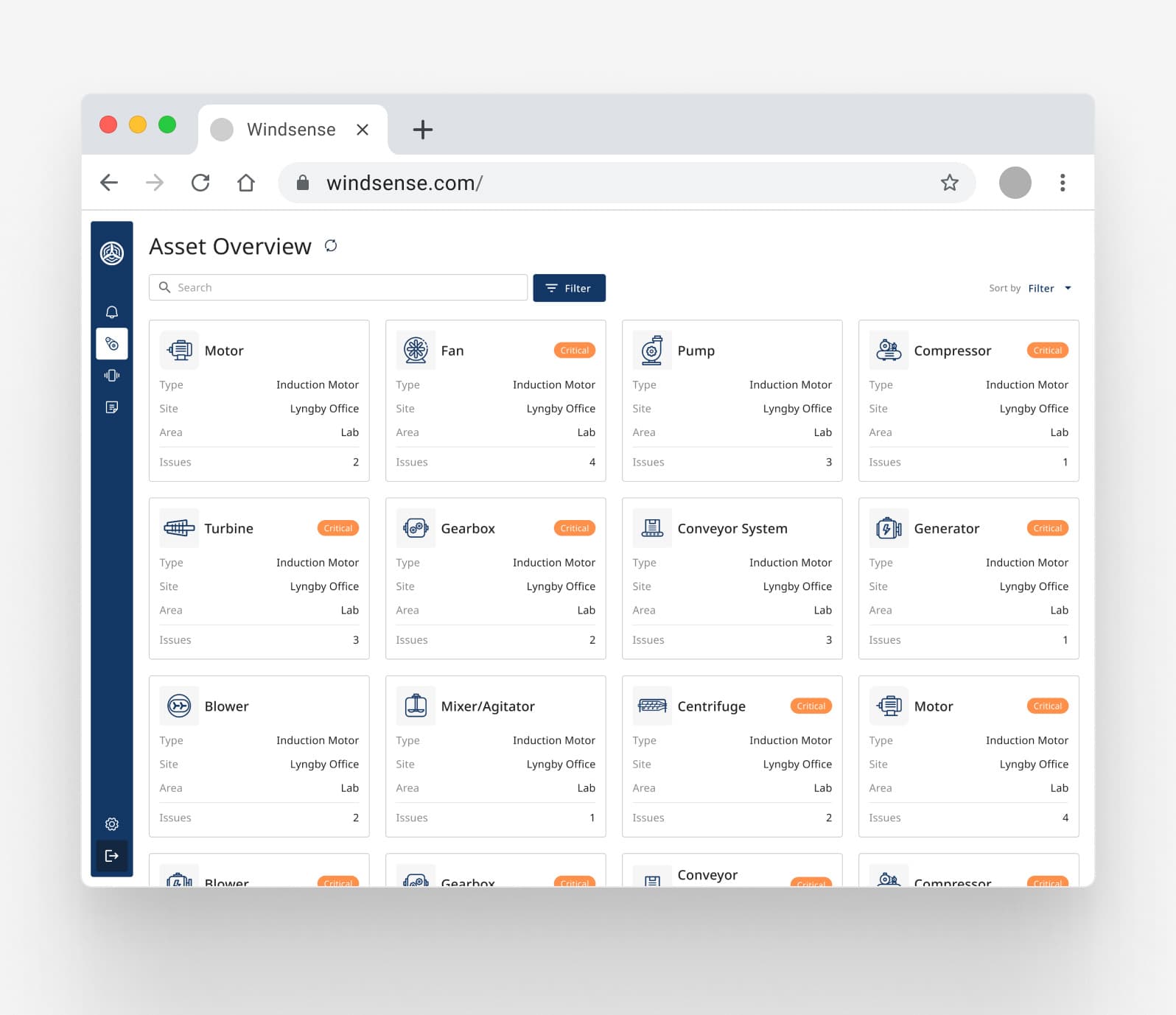 Asset overview dashboard showing fleet-level turbine health status with severity indicators and site groupings